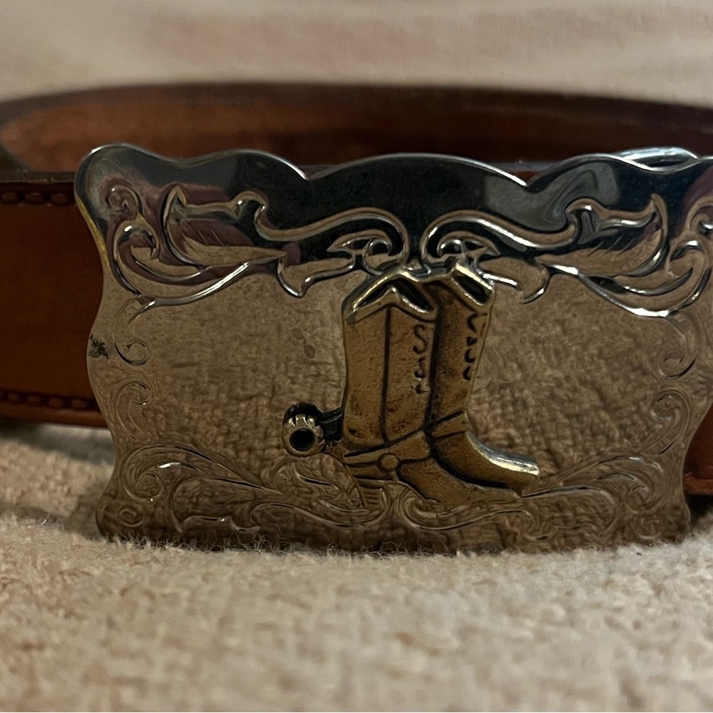 Western Brown Leather Belt with Silver Buckle